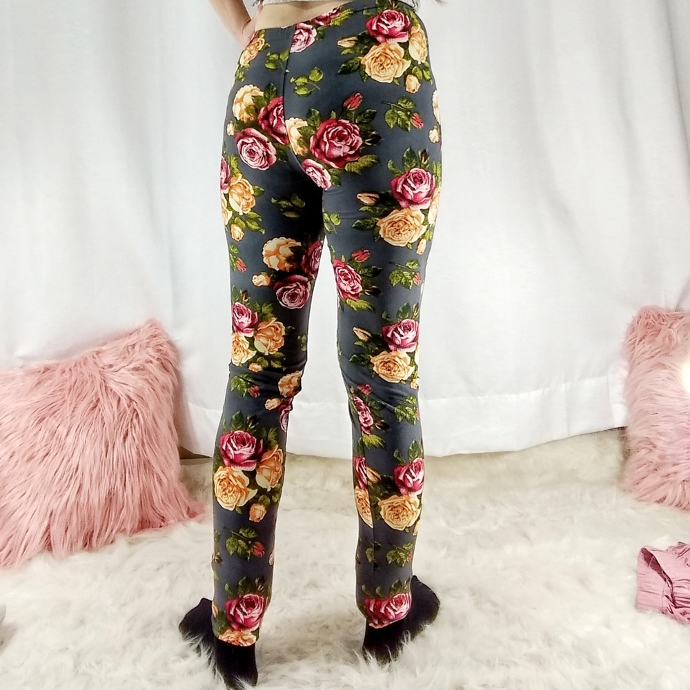 Womens Gray Floral Print Leggings - Picture 3 of 6